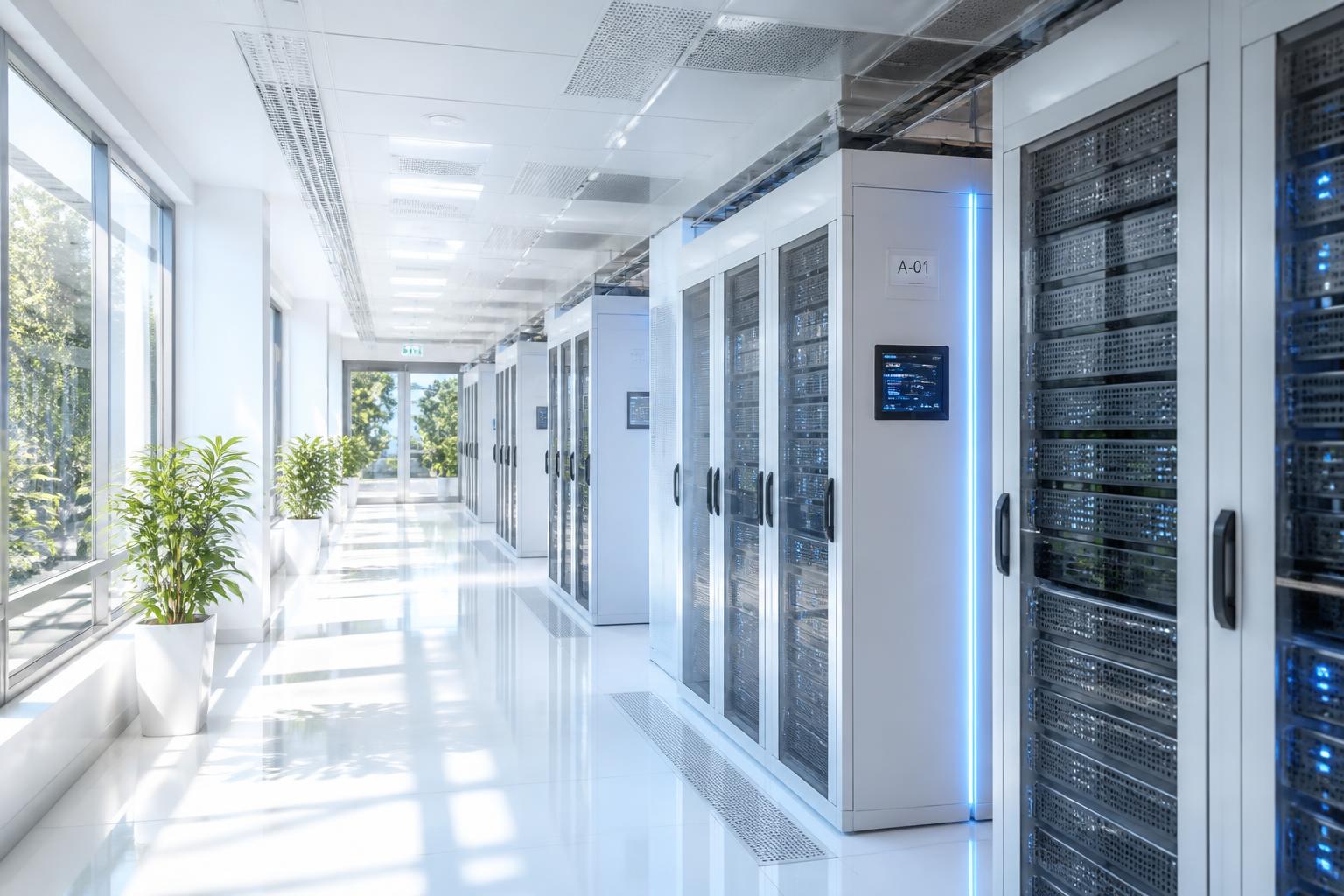 Bright, sunlit data center corridor lined with white server racks