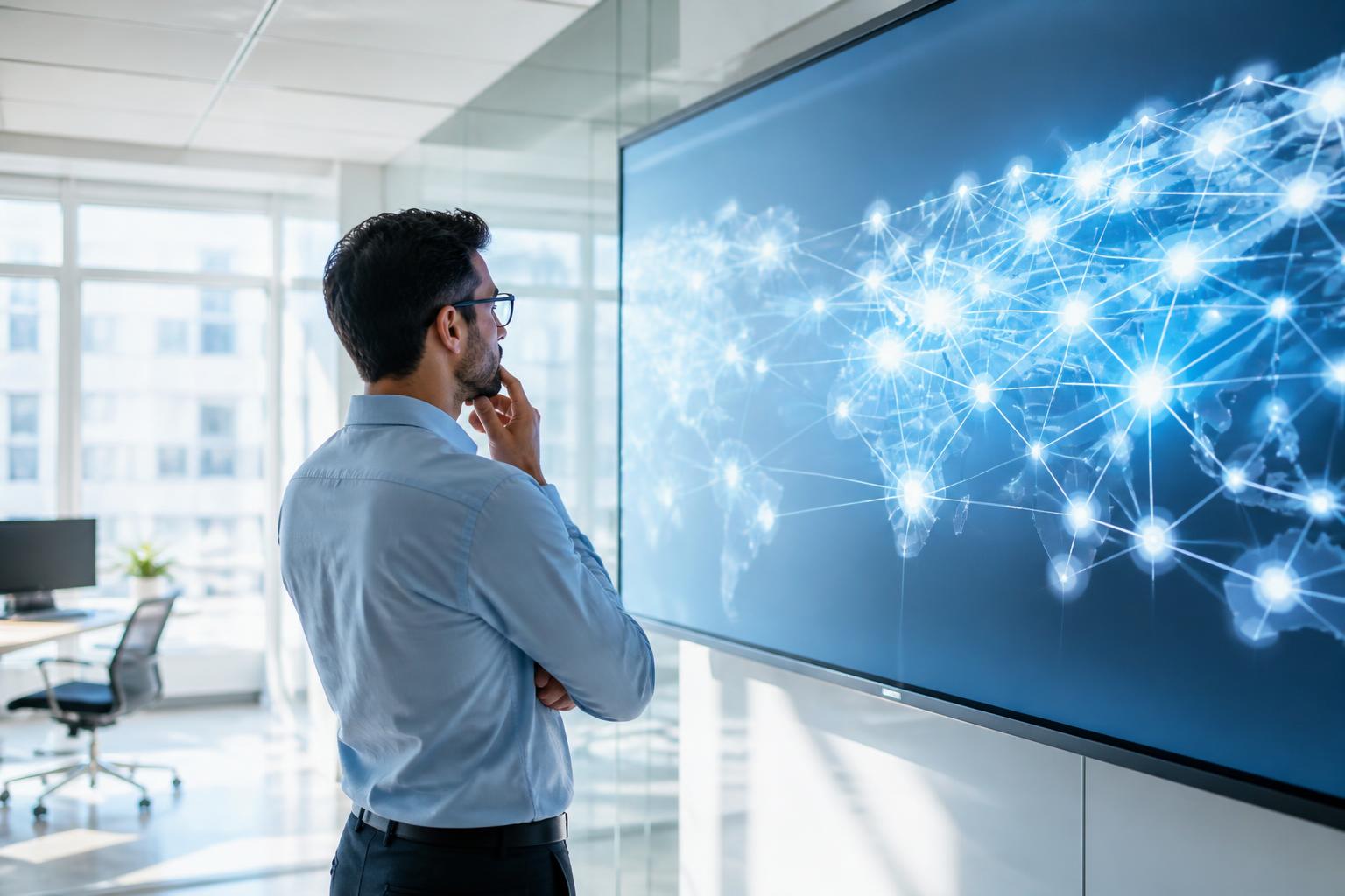 Network engineer reviewing a global connectivity map in a bright modern office
