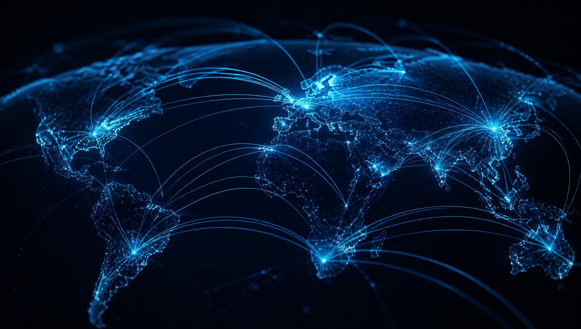 Illuminated global network map with fiber routes connecting continents
